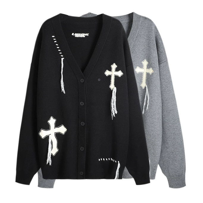 Áo Khoác Len, Cardigan Thêu Chữ Thập Dây, Unisex, Form Rộng, Dày Dặn, Ấm Áp, DTA97