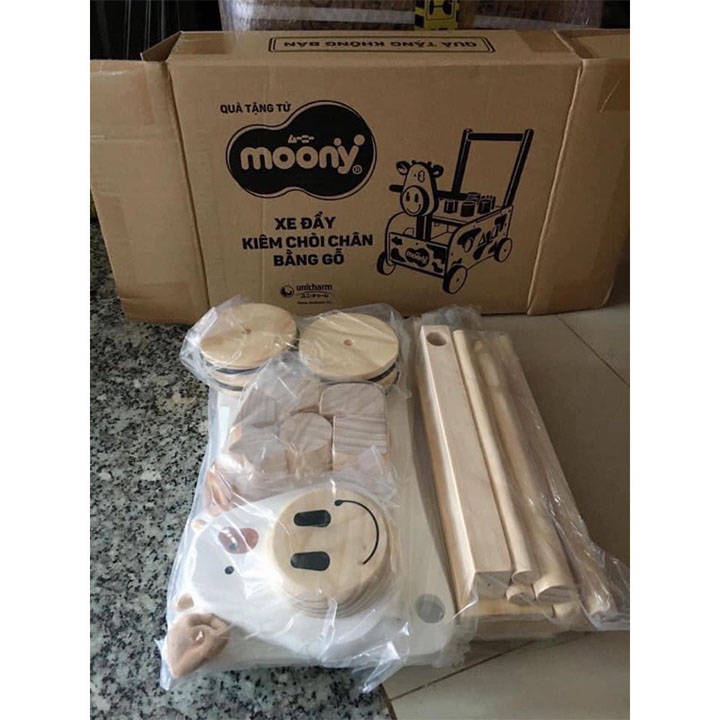 Xe tập đi, chòi chân, đồ chơi thả khối 3in1 gỗ cao cấp - Quà tặng Moony