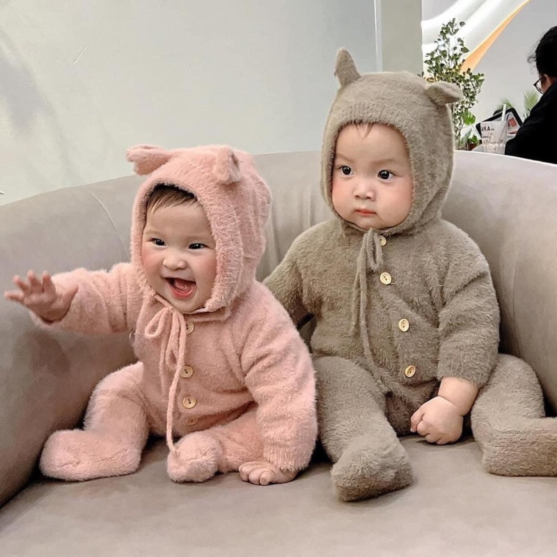 Bộ Body Len Lông Tai Gấu Liền Thân Cho Bé Trai Bé Gái
