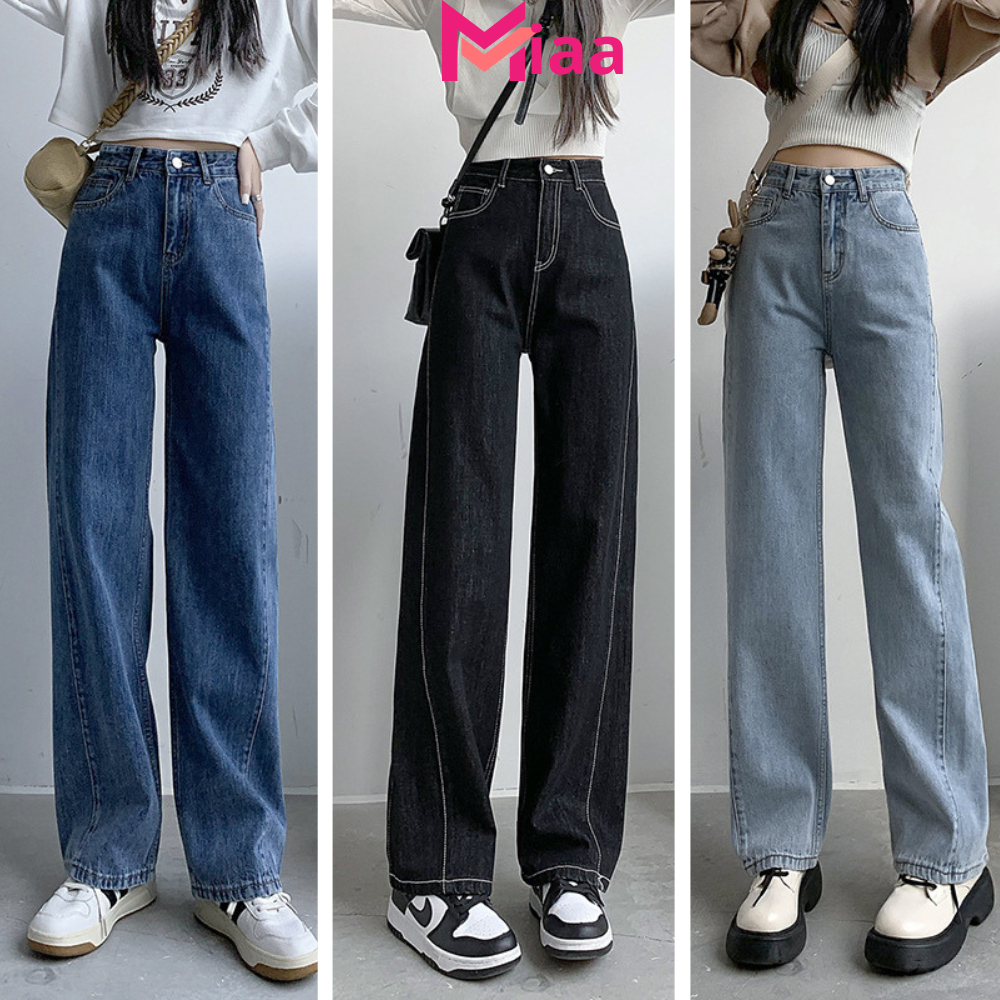 Quần jean ống suông nữ phối chỉ nổi MIAA lưng cao ,Quần Bò jeans nữ ống rộng cạp cao Phong Cách Ulzzang