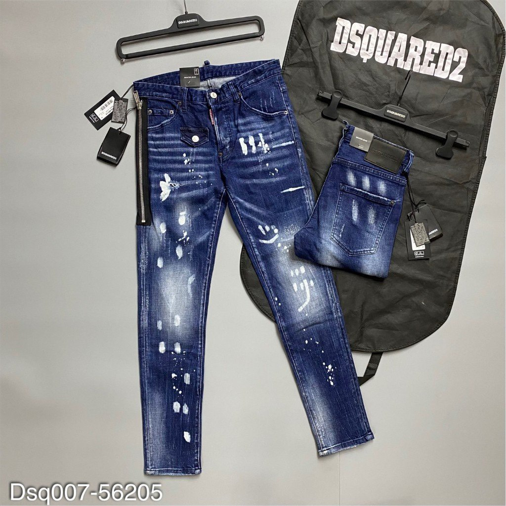 Quần jean bò nam Dsq2 biker slimfit khoá lệch wash xanh bạc rách vảy sơn trắng phong cách boy phố Hottrend 2023