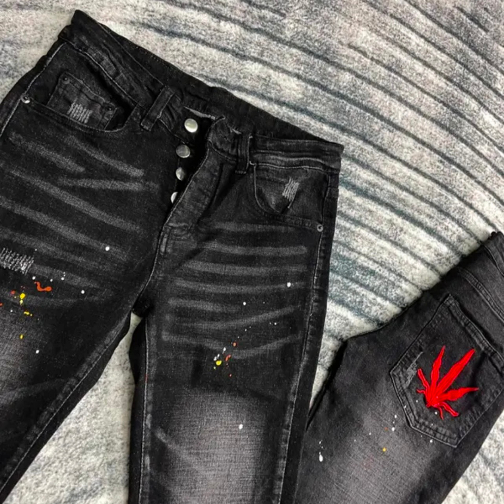 Quần Jeans DSQ Xanh Thêu Lá Phong Xanh Và Đỏ Nam Chất Liệu Dehim Họa Tiêt Thêu Vẩy Sơn Xước Nhẹ Cực Chất