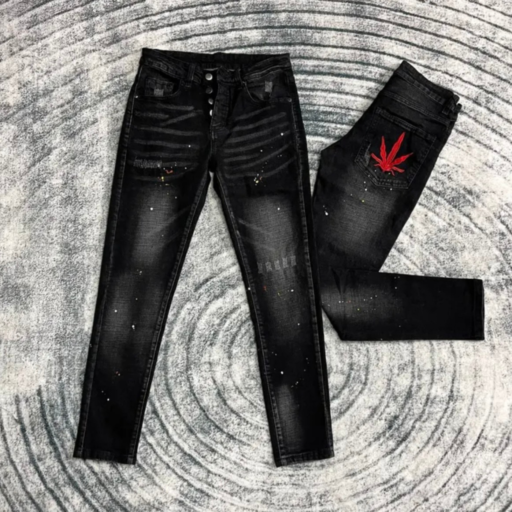Quần Jeans DSQ Xanh Thêu Lá Phong Xanh Và Đỏ Nam Chất Liệu Dehim Họa Tiêt Thêu Vẩy Sơn Xước Nhẹ Cực Chất