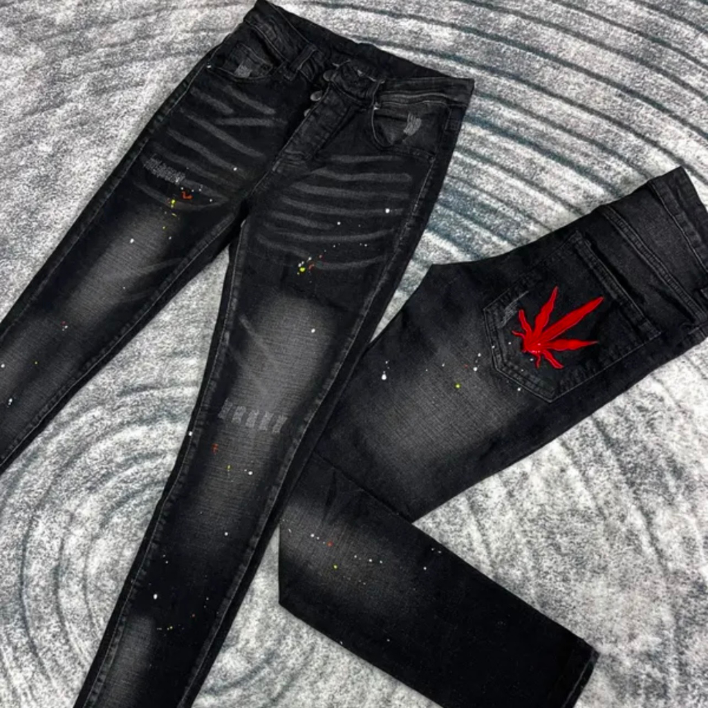 Quần Jeans DSQ Xanh Thêu Lá Phong Xanh Và Đỏ Nam Chất Liệu Dehim Họa Tiêt Thêu Vẩy Sơn Xước Nhẹ Cực Chất