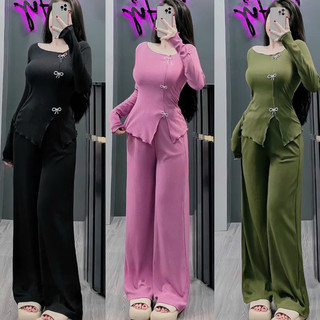 Set bộ gân áo thun tay dài viền bèo nơ đá + quần ống xuông