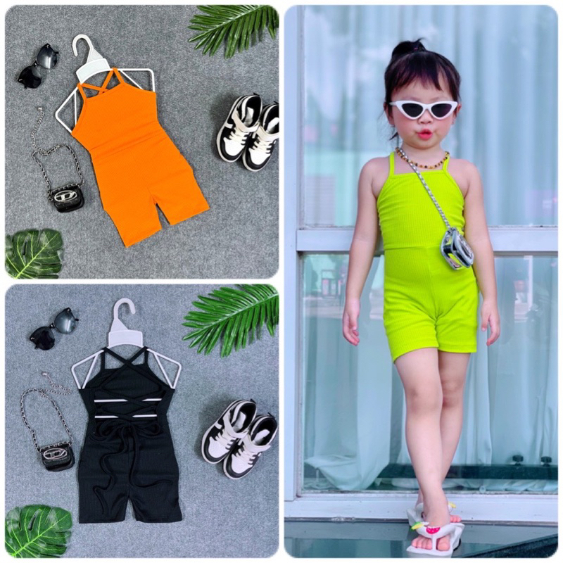 Jumsuit Cầu Vòng 7 Màu Bé Gái Sành Điệu Thiết Kế Cổ Yếm Hở Lưng Chất Thun Cotton Mềm Mại