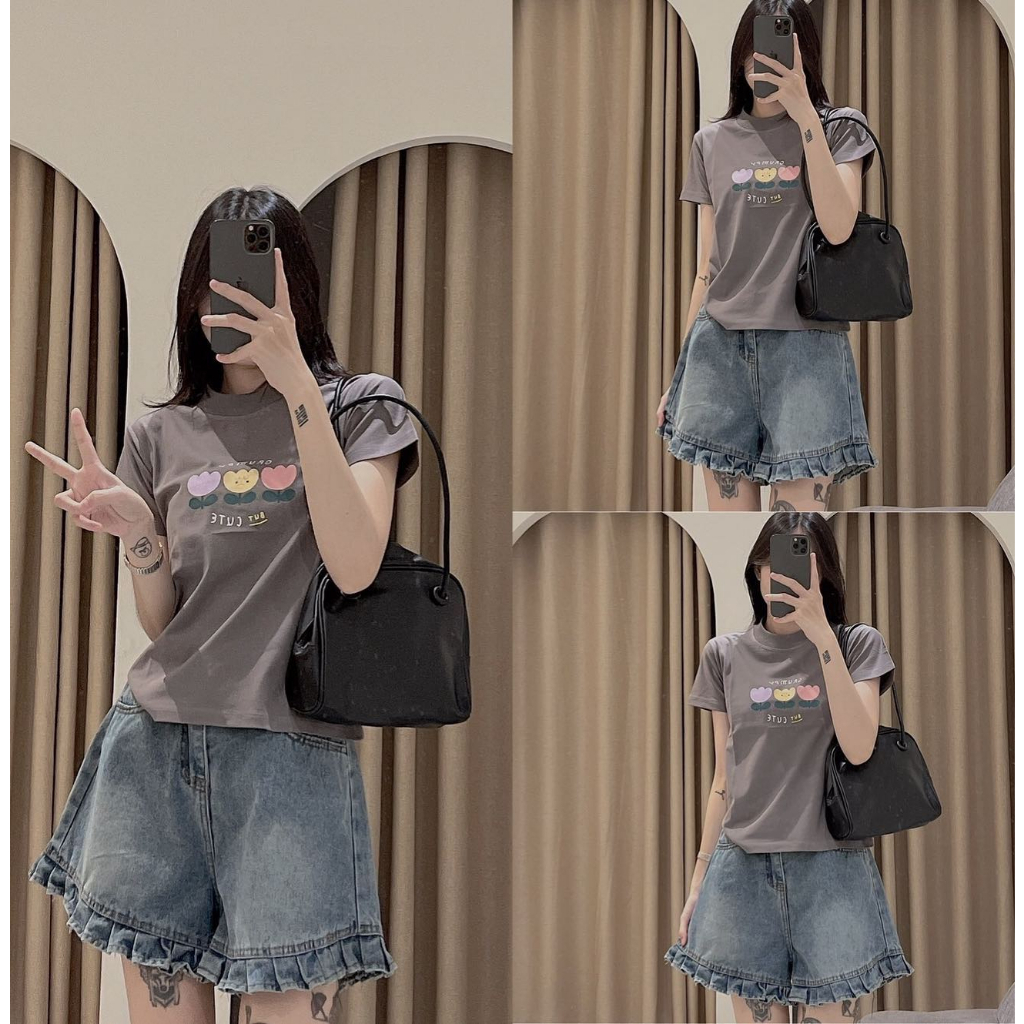 Áo Thun Nữ Baby Tee MIMIU mẫu Ba Bông hoa form slim nhỏ có size chất vải Cotton 100%