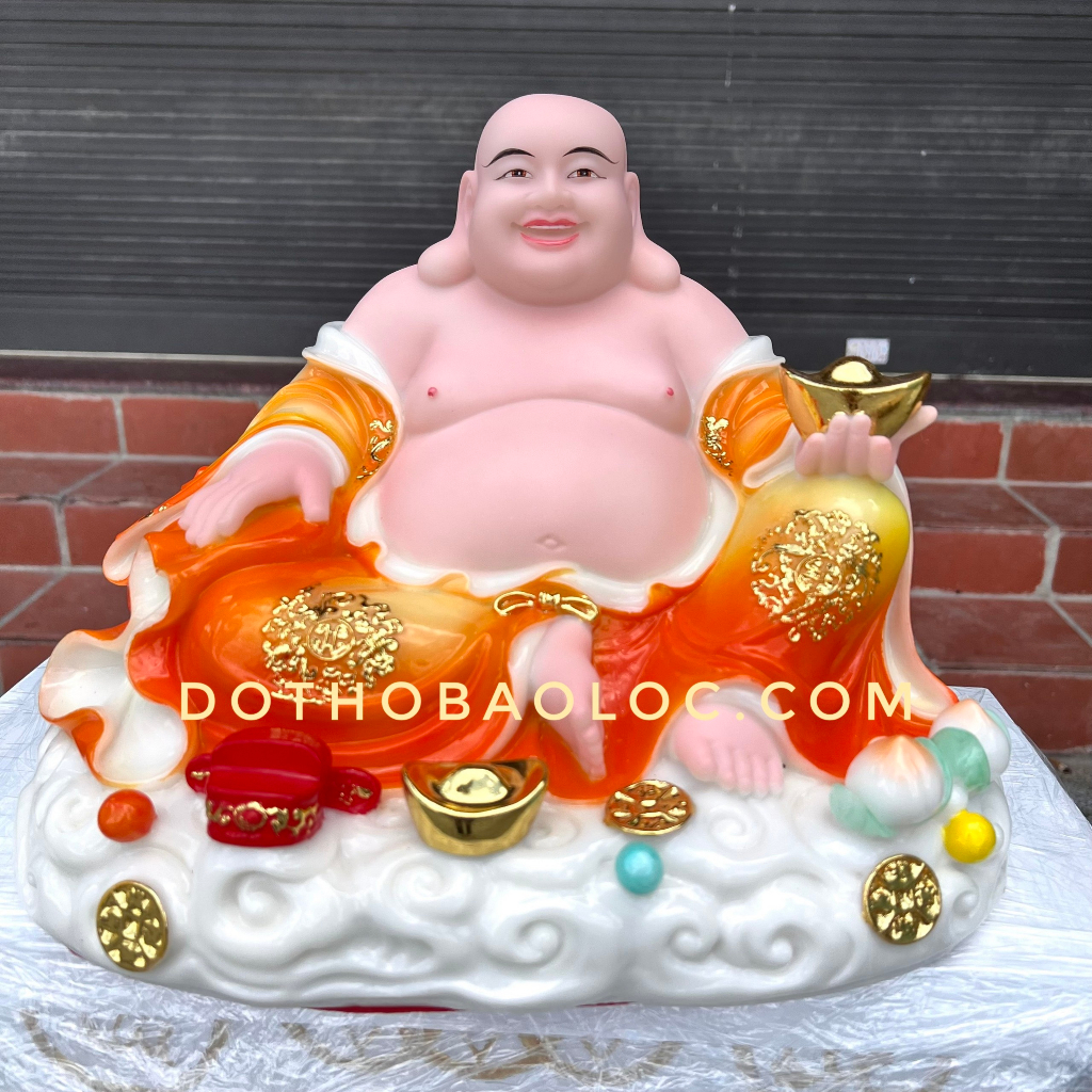 Tượng phật Di Lặc cầm thỏi vàng bằng đá Việt Nam ngang 35cm cao 28cm –màu cam