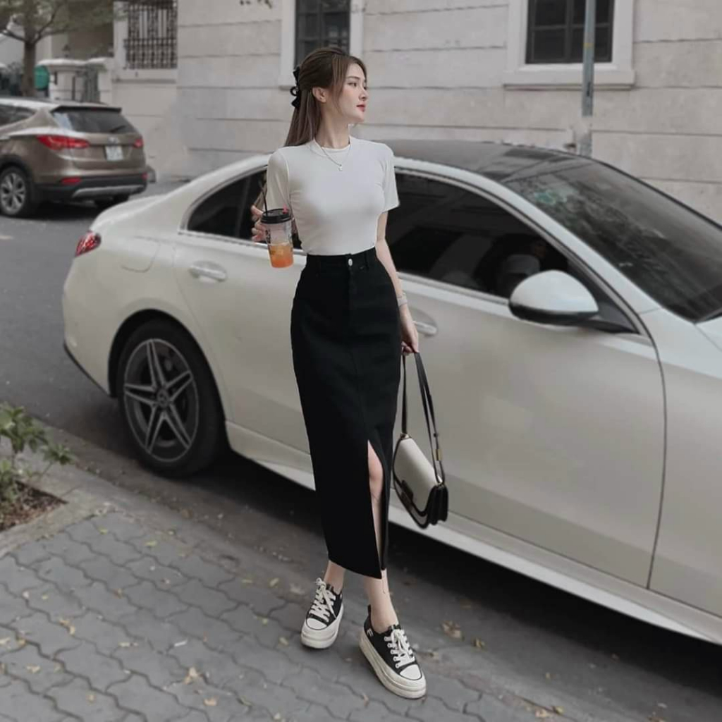 sét áo thun ngắn tay, kèm chân váy body, xẻ tà siêu xinh