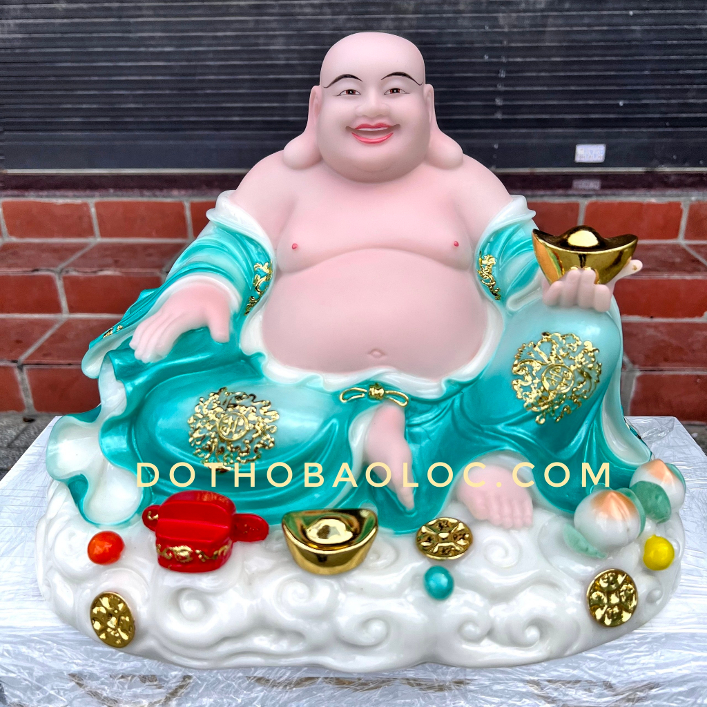 Tượng phật Di Lặc cầm thỏi vàng bằng đá Việt Nam ngang 35cm – màu xanh dương. Hàng có sẵn. Ảnh thật shop tự chụp