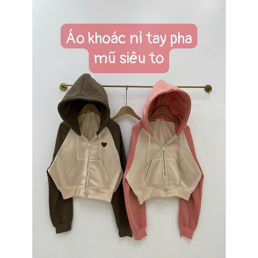 Khoác nỉ họa tiết thêu trái tim kết hợp tay phối