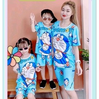 Đồ bộ quần đùi mẹ và bé thun thái mềm mát in Doraemon xanh TH05