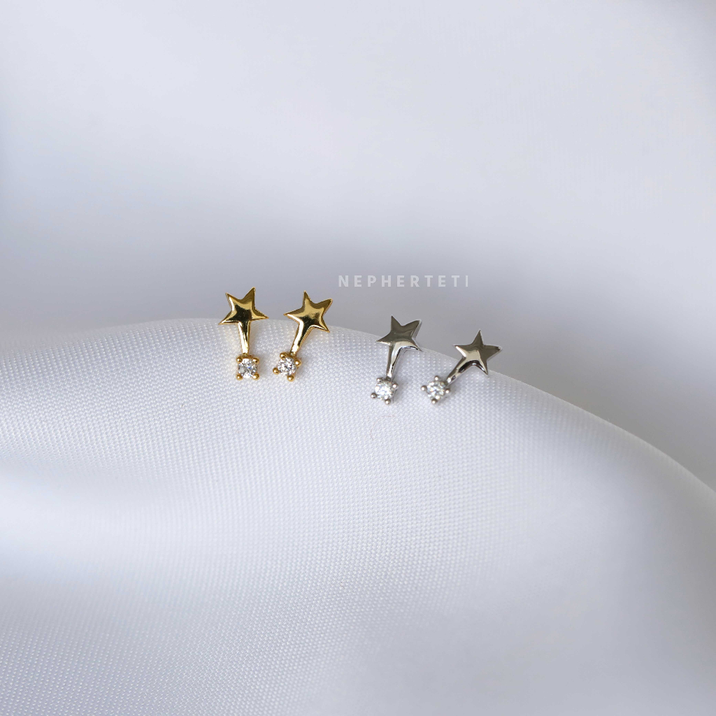 Khuyên tai bạc 925 mini - Ngôi sao đính đá 7*3mm  - Nepherteti