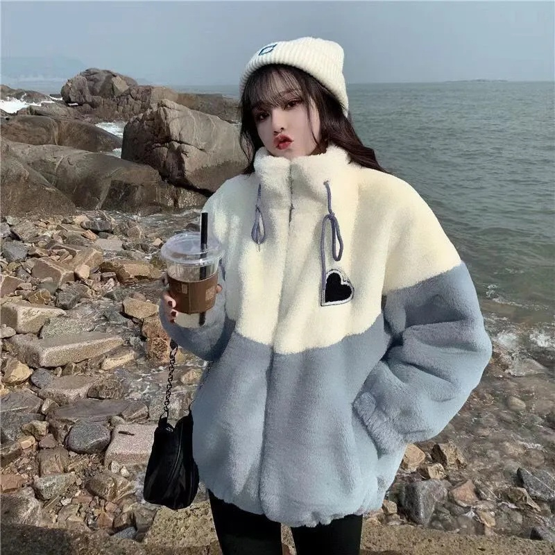 Áo khoác Lông cừu ,Áo khoác hoodie Vải lông cừu giữ ấm Thoải Logo hình trái tim
