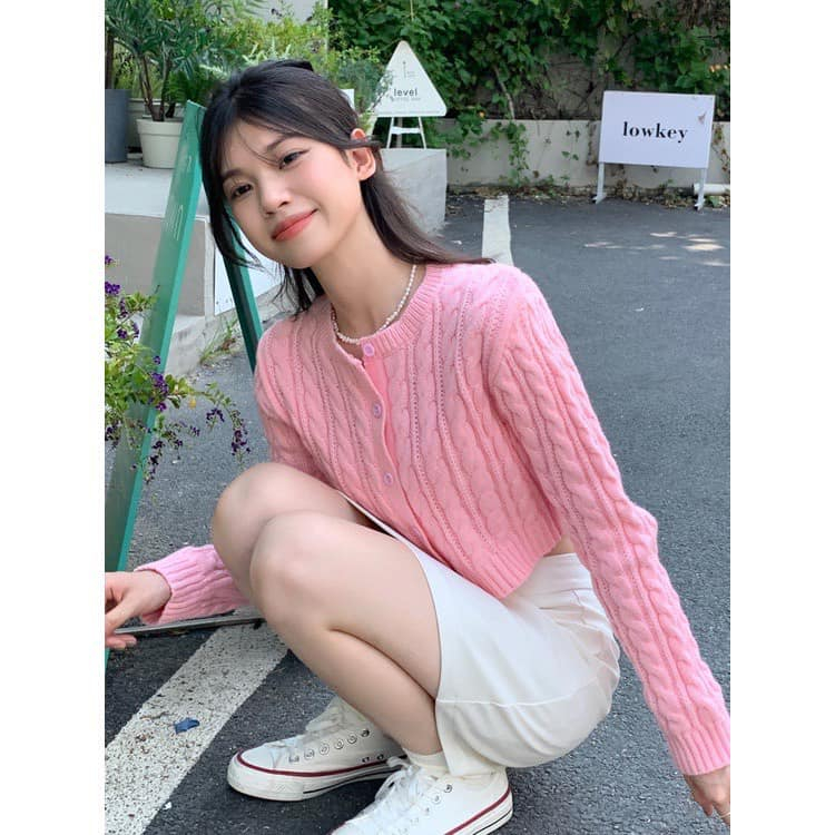 Áo cardigan len dáng croptop ngắn cổ tròn có khuy MSP 552