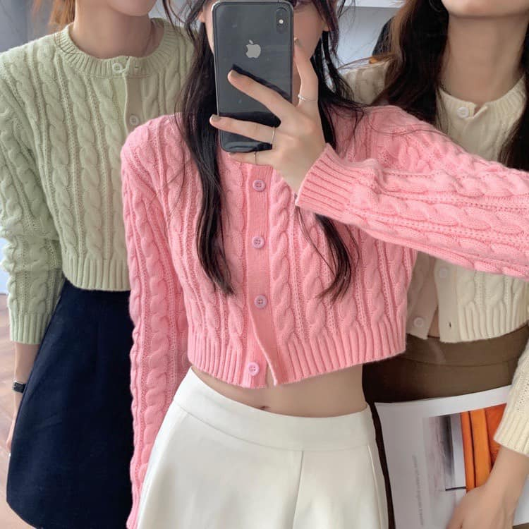 Áo cardigan len dáng croptop ngắn cổ tròn có khuy MSP 552