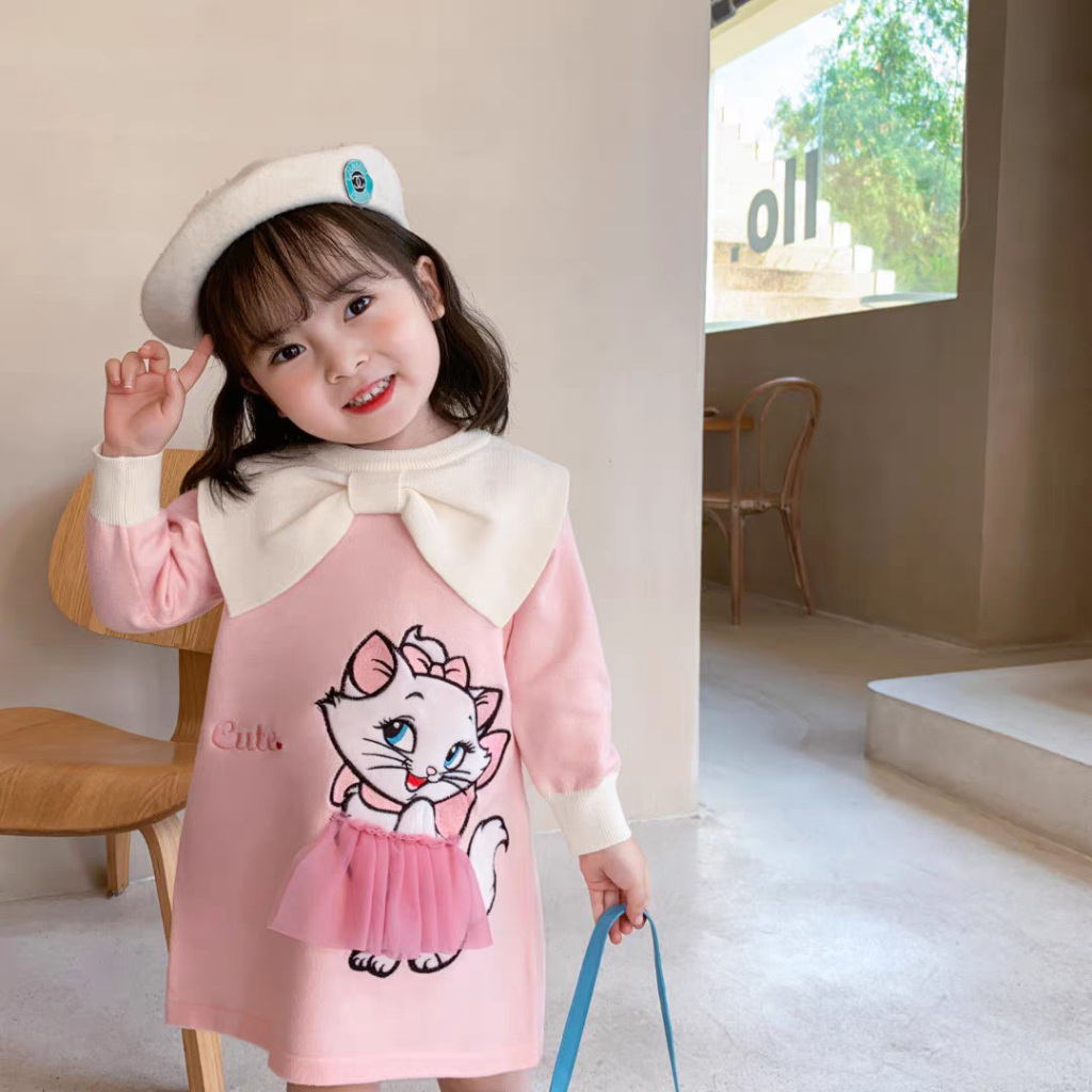 Váy bé gái dài tay dáng suông cổ bèo hình mèo dễ thương cho bé ừ 8 - 20kg
