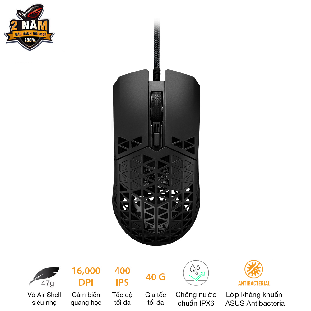 Chuột game có dây ASUS TUF GAMING M4 AIR, siêu nhẹ, 16.000 dpi, Air Shell siêu nhẹ, độ bền IPX6