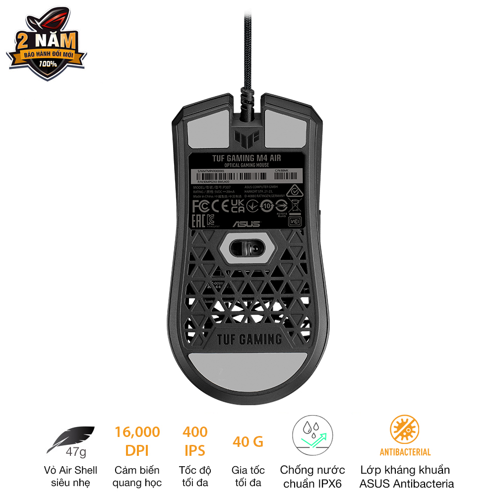 Chuột game có dây ASUS TUF GAMING M4 AIR, siêu nhẹ, 16.000 dpi, Air Shell siêu nhẹ, độ bền IPX6