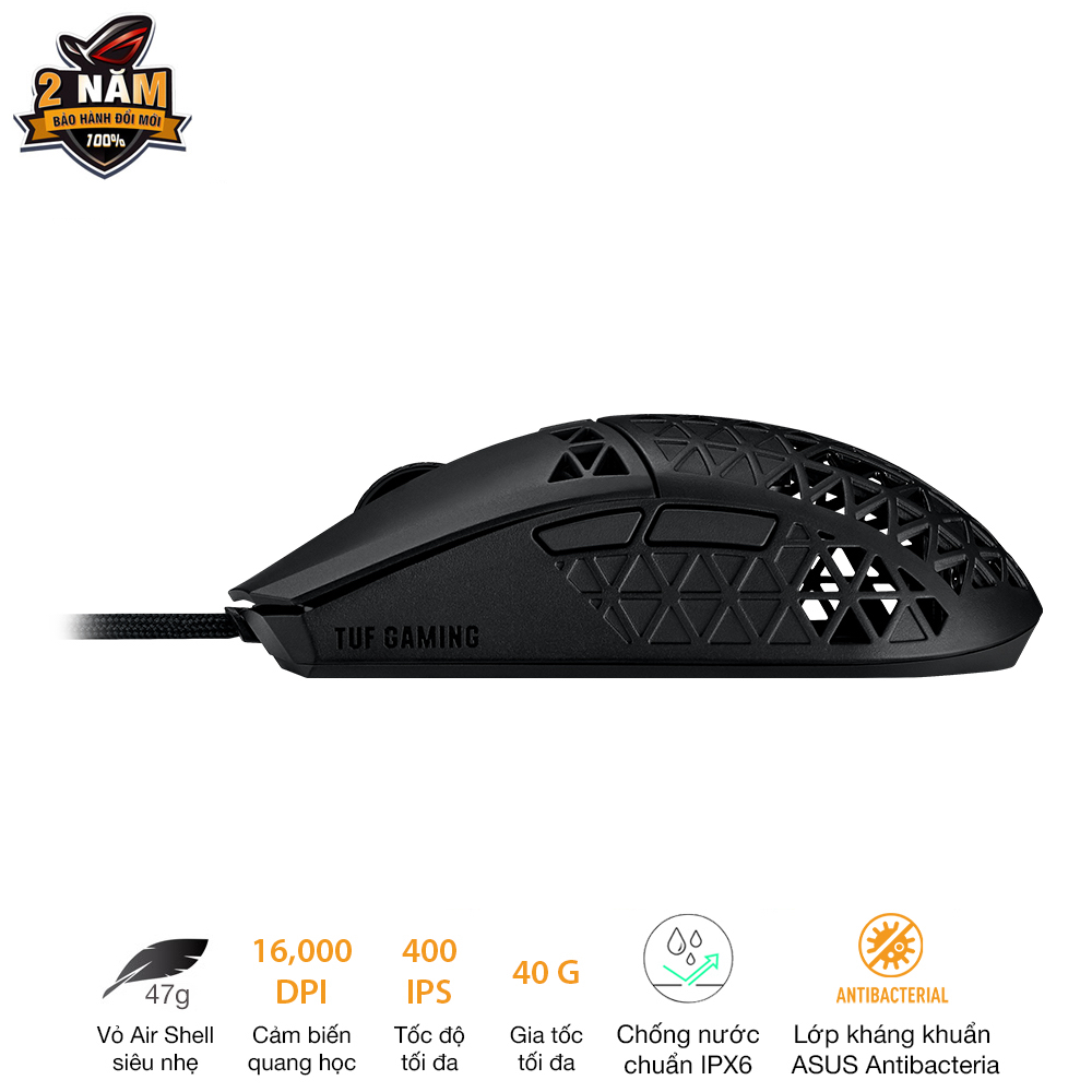 Chuột game có dây ASUS TUF GAMING M4 AIR, siêu nhẹ, 16.000 dpi, Air Shell siêu nhẹ, độ bền IPX6