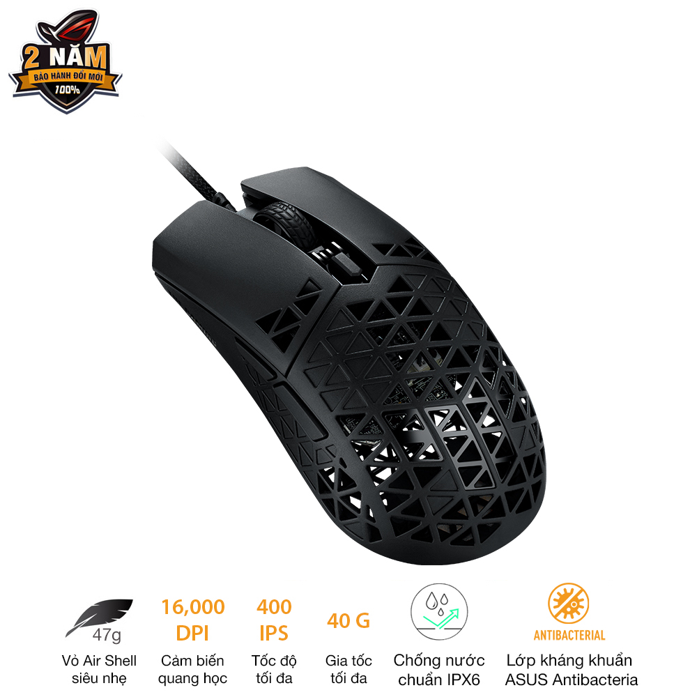 Chuột game có dây ASUS TUF GAMING M4 AIR, siêu nhẹ, 16.000 dpi, Air Shell siêu nhẹ, độ bền IPX6