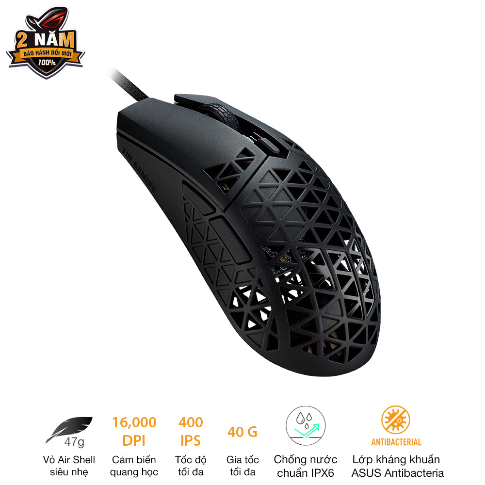 Chuột game có dây ASUS TUF GAMING M4 AIR, siêu nhẹ, 16.000 dpi, Air Shell siêu nhẹ, độ bền IPX6