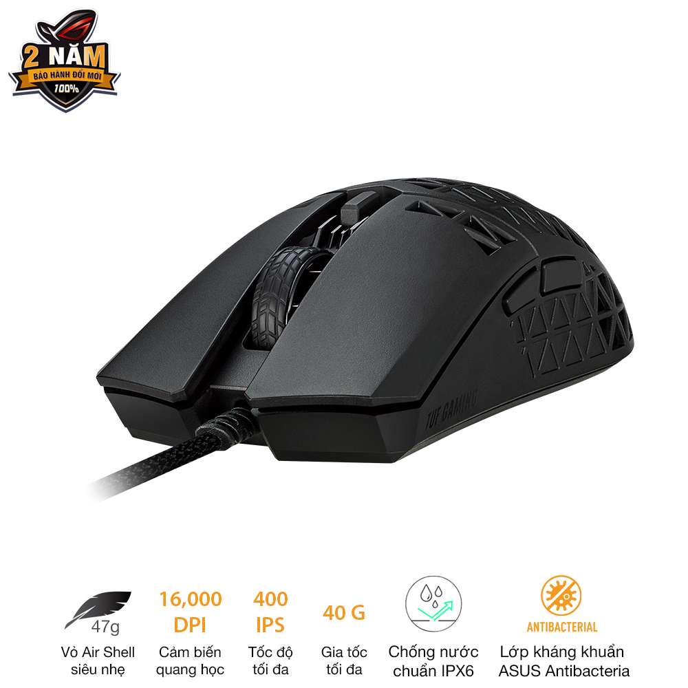 Chuột game có dây ASUS TUF GAMING M4 AIR, siêu nhẹ, 16.000 dpi, Air Shell siêu nhẹ, độ bền IPX6