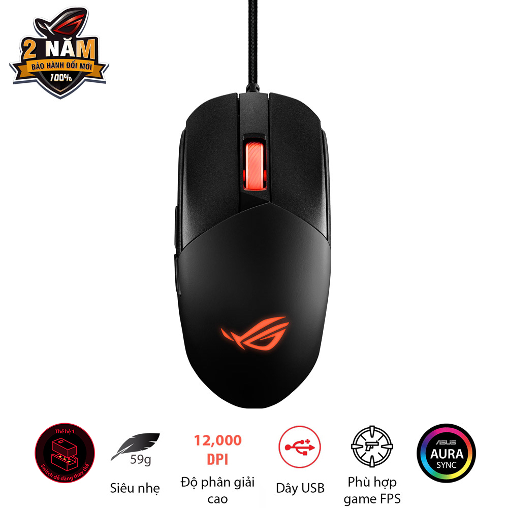 Chuột game có dây ASUS ROG STRIX IMPACT III, siêu nhẹ, cảm biến quang học 12.000 dpi, switch dễ thay thế