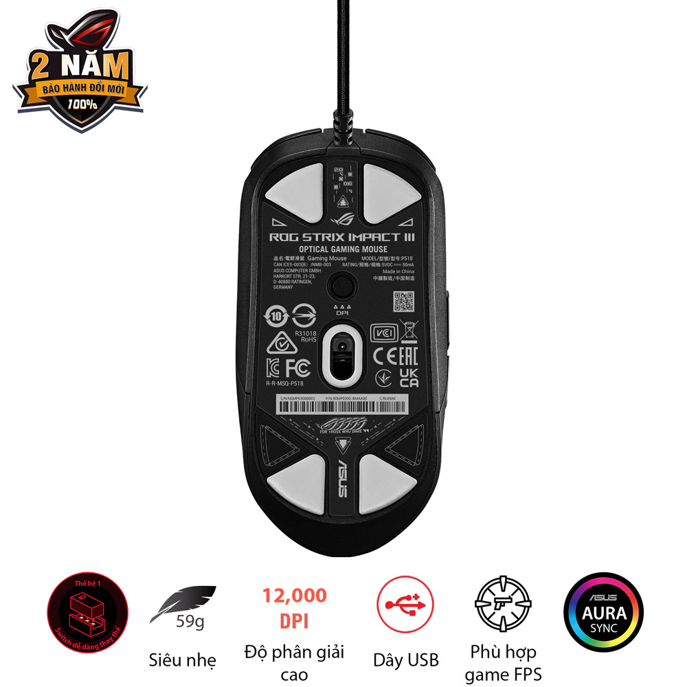 Chuột game có dây ASUS ROG STRIX IMPACT III, siêu nhẹ, cảm biến quang học 12.000 dpi, switch dễ thay thế