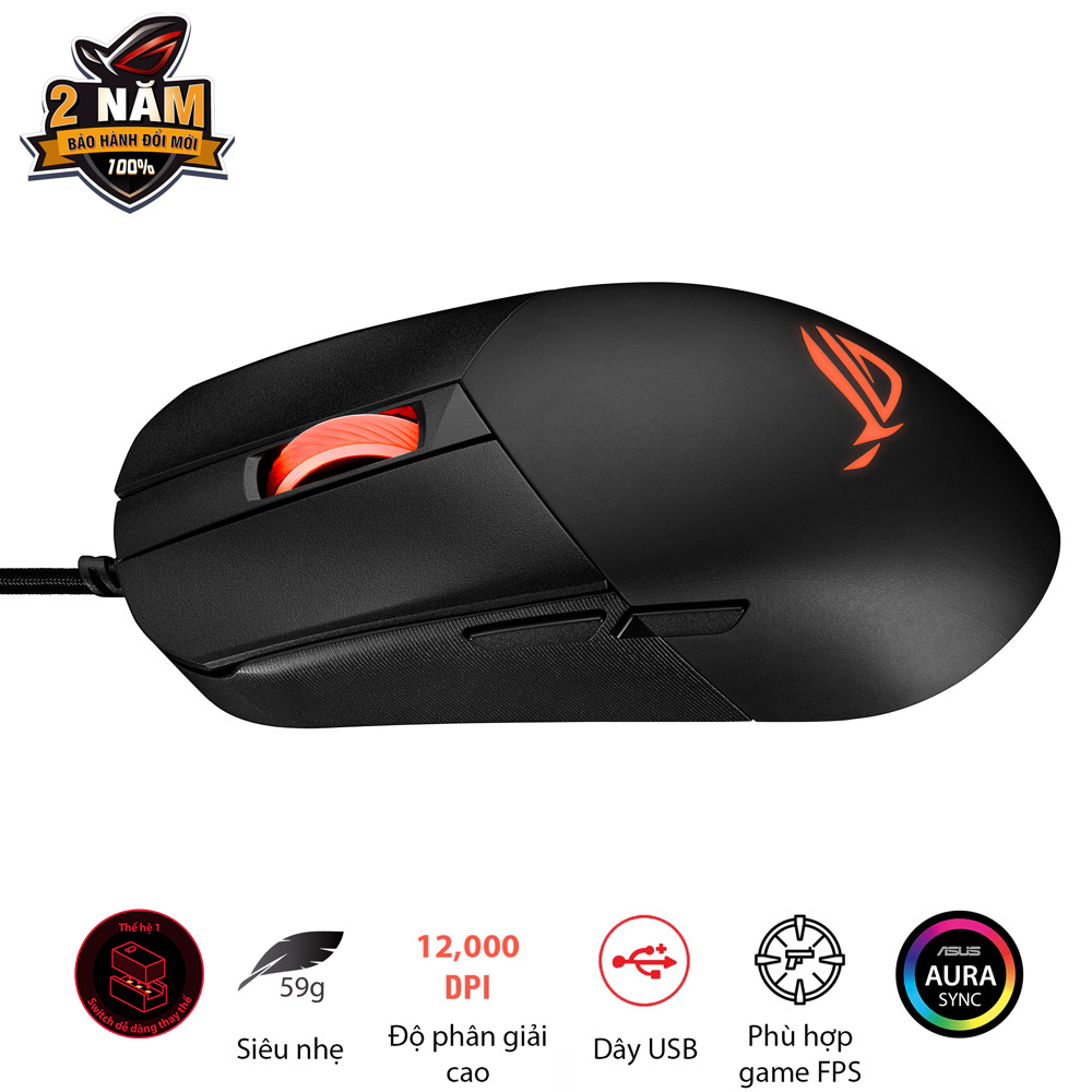 Chuột game có dây ASUS ROG STRIX IMPACT III, siêu nhẹ, cảm biến quang học 12.000 dpi, switch dễ thay thế