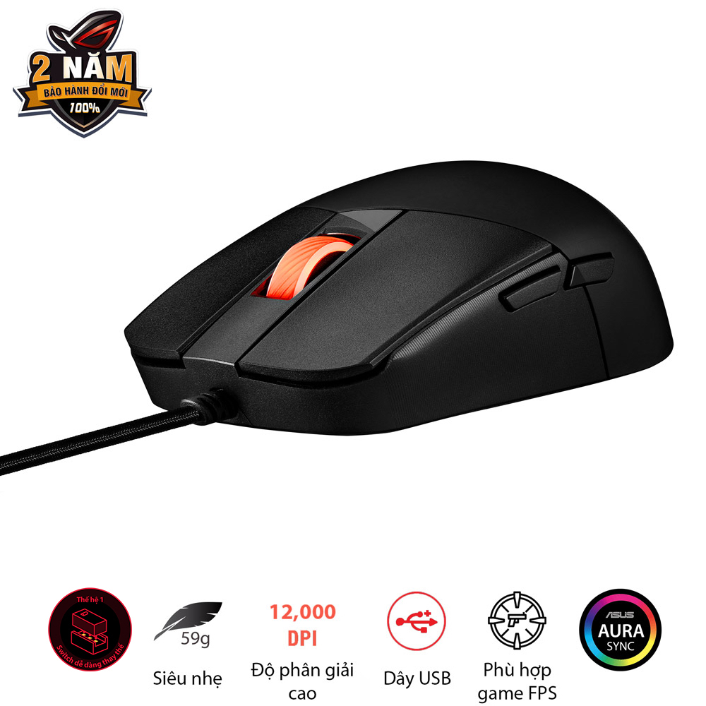 Chuột game có dây ASUS ROG STRIX IMPACT III, siêu nhẹ, cảm biến quang học 12.000 dpi, switch dễ thay thế