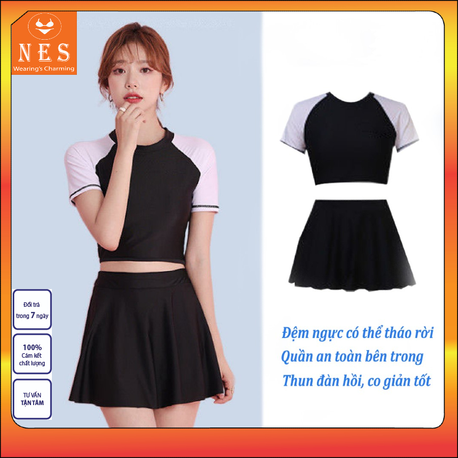 Bikini đi biển, váy bơi 2 mảnh  kín đáo, đồ học bơi cho học sinh,áo tắm biển croptop Đồ bơi nữ Nes CRT02