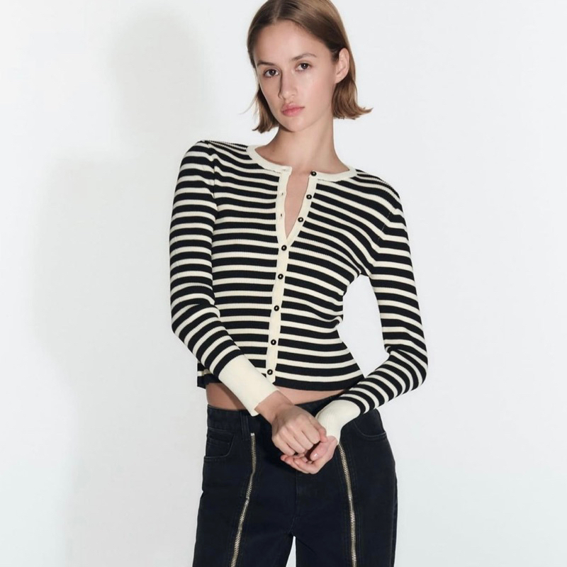 Áo cardigan dệt kim hoạ tiết kẻ viền trắng Za.ra
