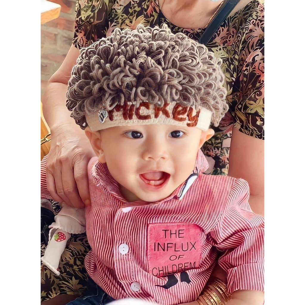 Nón Len Tóc Xù Gắn Tên Phong Cách Hàn Quốc cho bé