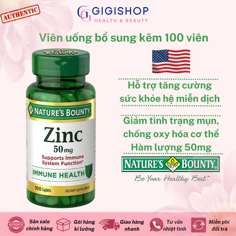 [Bill US] Viên Uống Bổ Sung Kẽm Nature's Bounty Zinc 50 mg 100 viên