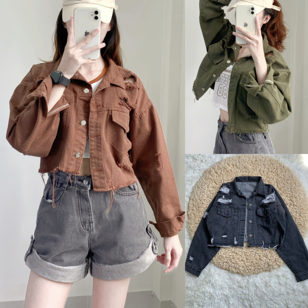 Áo khoác Jean rách crotop tua lai cá tính Bigsize 39-65kg