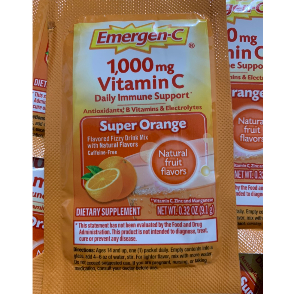 Gói 9gam Bột Xủi Hòa Tan Emergen C bổ sung vitamin C 1000mg có 3 mùi cam, quýt, Mâm xôi của Mỹ