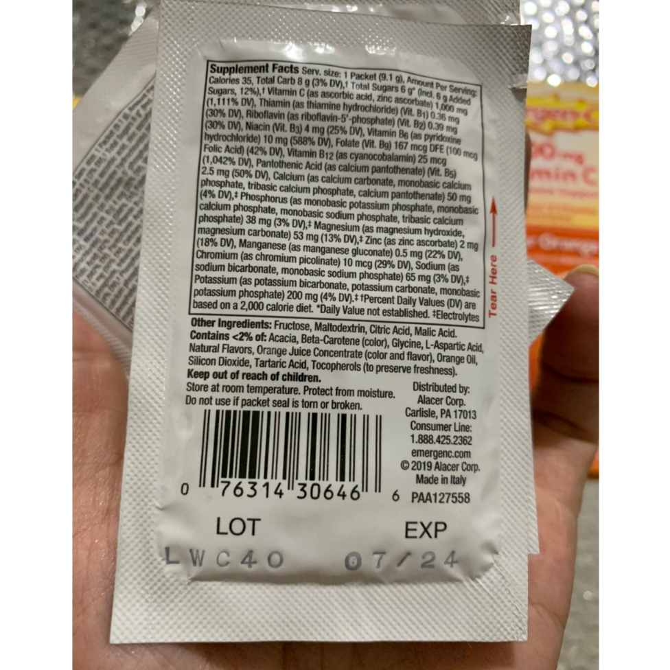 Gói 9gam Bột Xủi Hòa Tan Emergen C bổ sung vitamin C 1000mg có 3 mùi cam, quýt, Mâm xôi của Mỹ
