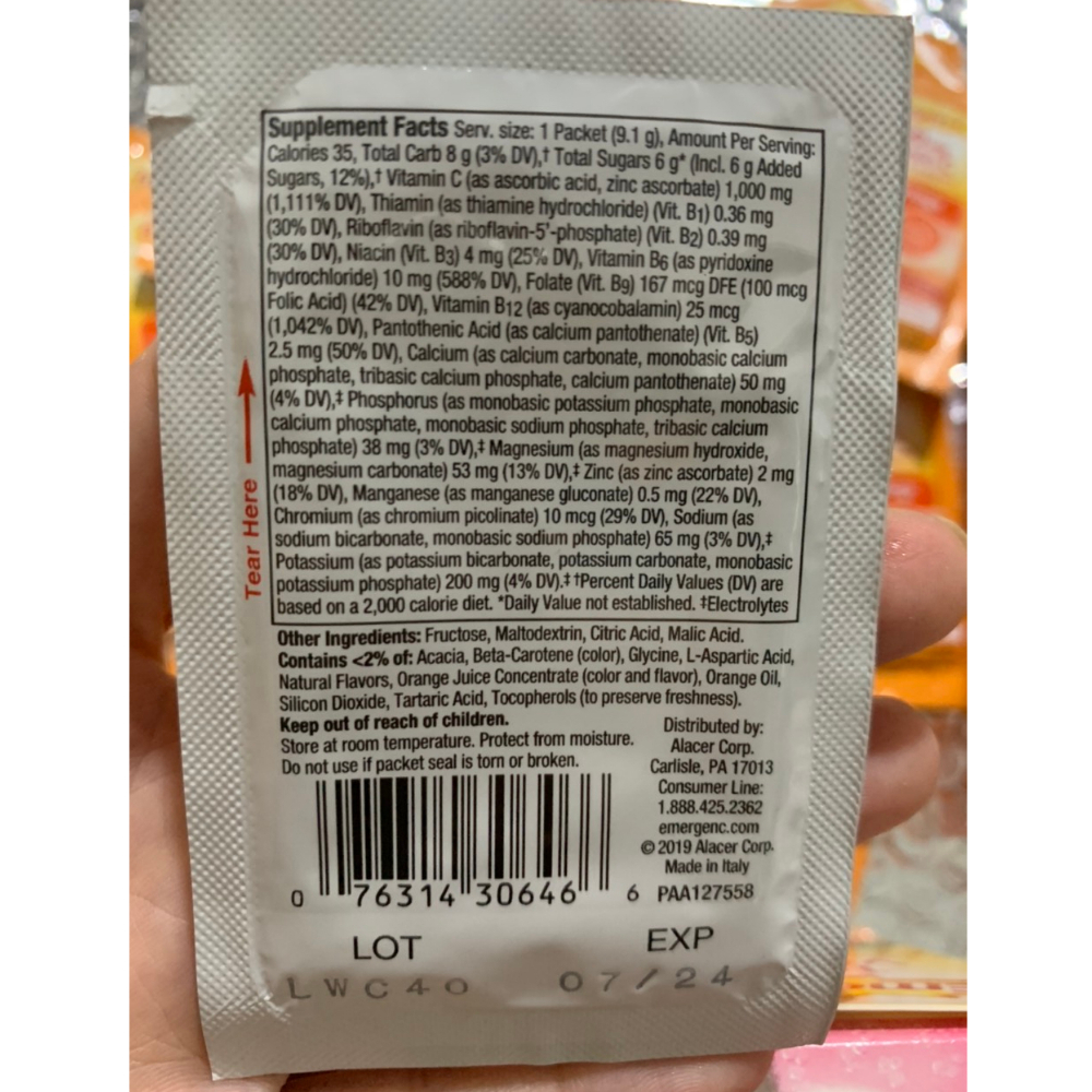 Gói 9gam Bột Xủi Hòa Tan Emergen C bổ sung vitamin C 1000mg có 3 mùi cam, quýt, Mâm xôi của Mỹ