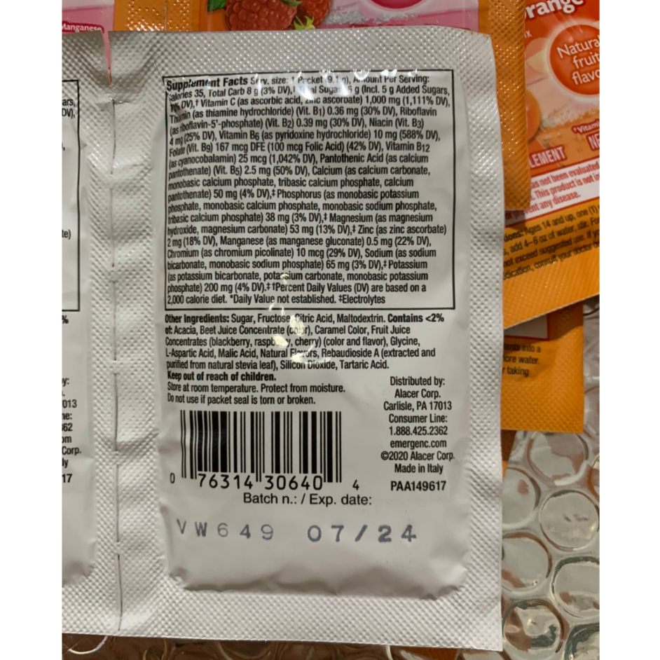 Gói 9gam Bột Xủi Hòa Tan Emergen C bổ sung vitamin C 1000mg có 3 mùi cam, quýt, Mâm xôi của Mỹ