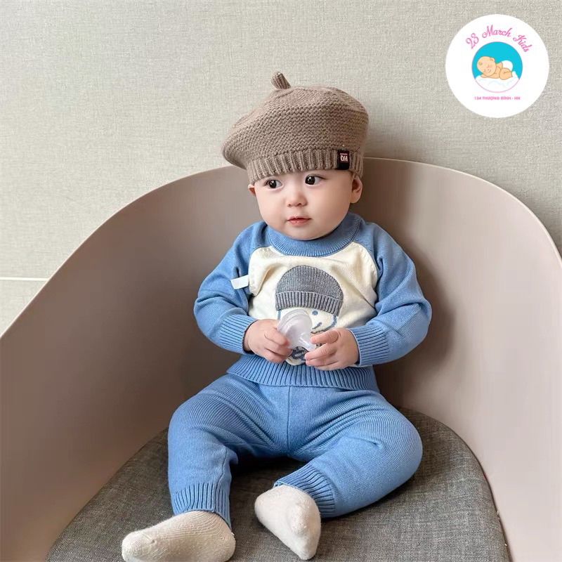 Bộ đồ len thêu hình gấu mũ siêu xinh cho bé hàng QC
