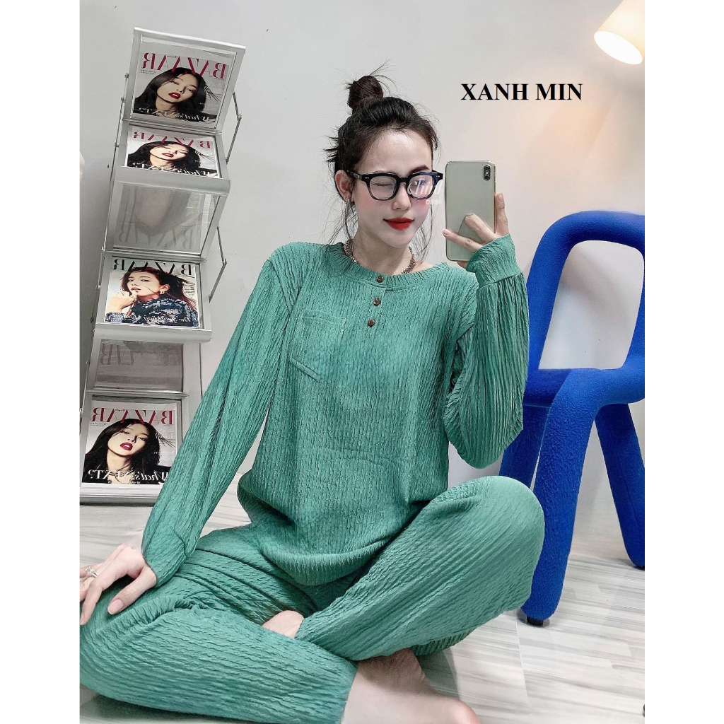 Set bộ thun ủ kem xốp nhật FORM RỘNG áo đính nút tay dài - S20