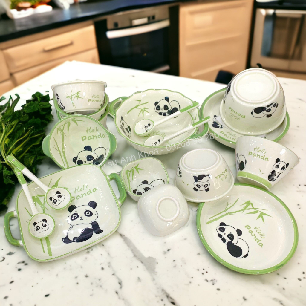 Bộ Bát Đĩa Gốm Sứ Decor, Bát Ăn Cơm, Bát Ăn Chè, Chén Dĩa Dễ Thương Bộ Bát Gấu Panda Xanh Lá xinh yêu Gomsudecor21