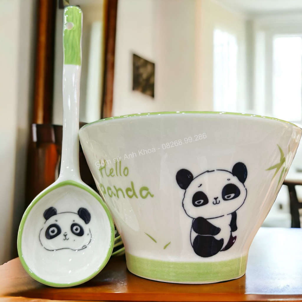 Bộ Bát Đĩa Gốm Sứ Decor, Bát Ăn Cơm, Bát Ăn Chè, Chén Dĩa Dễ Thương Bộ Bát Gấu Panda Xanh Lá xinh yêu Gomsudecor21