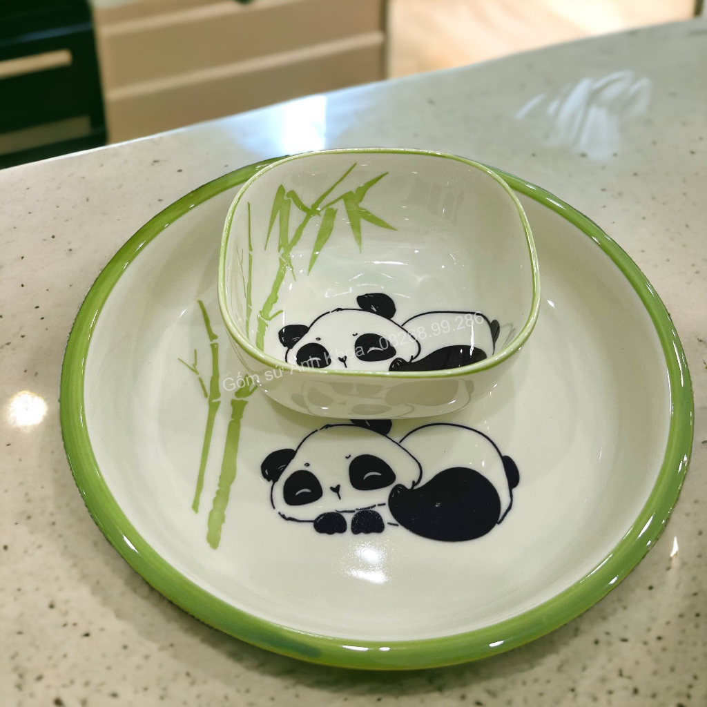 Bộ Bát Đĩa Gốm Sứ Decor, Bát Ăn Cơm, Bát Ăn Chè, Chén Dĩa Dễ Thương Bộ Bát Gấu Panda Xanh Lá xinh yêu Gomsudecor21