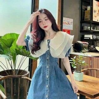 Đầm phối bèo xịn sò thời trang nữ mặc đi chơi chất liệu jean cứng cổ tròn tay ngắn nhiều nút váy chữ A dễ thương