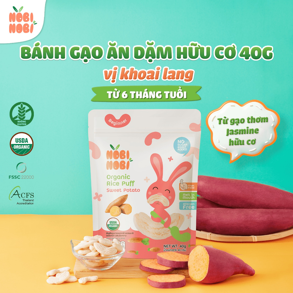 Snack Bánh Gạo Ăn Dặm Hữu Cơ NOBI NOBI Hình Chữ C Túi 40g Cho Bé Từ 6M+