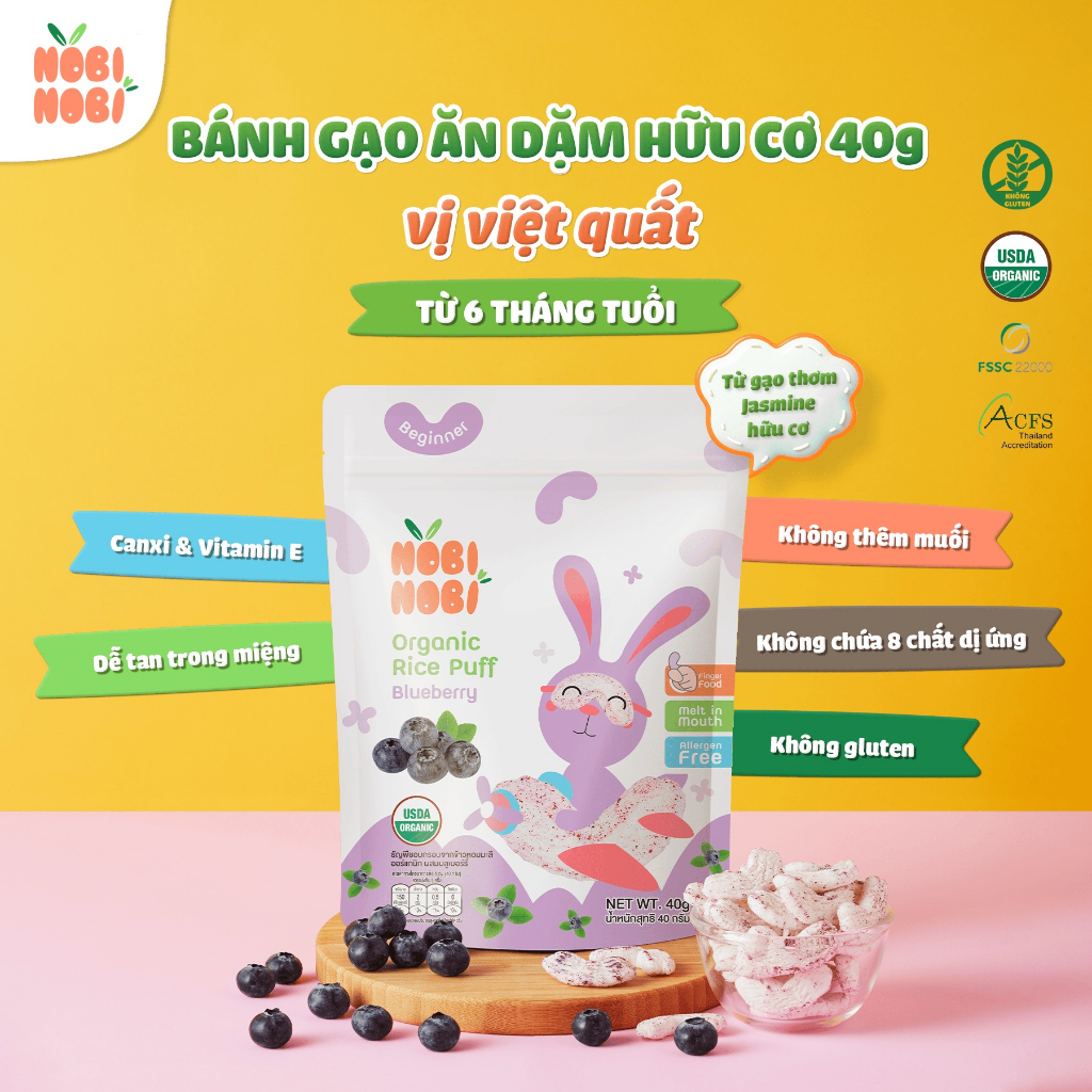 Snack Bánh Gạo Ăn Dặm Hữu Cơ NOBI NOBI Hình Chữ C Túi 40g Cho Bé Từ 6M+