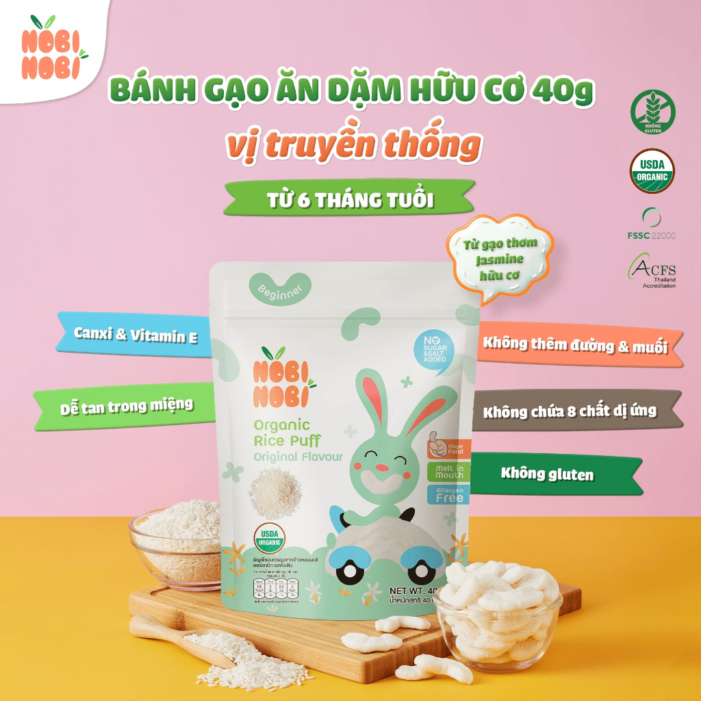 Snack Bánh Gạo Ăn Dặm Hữu Cơ NOBI NOBI Hình Chữ C Túi 40g Cho Bé Từ 6M+
