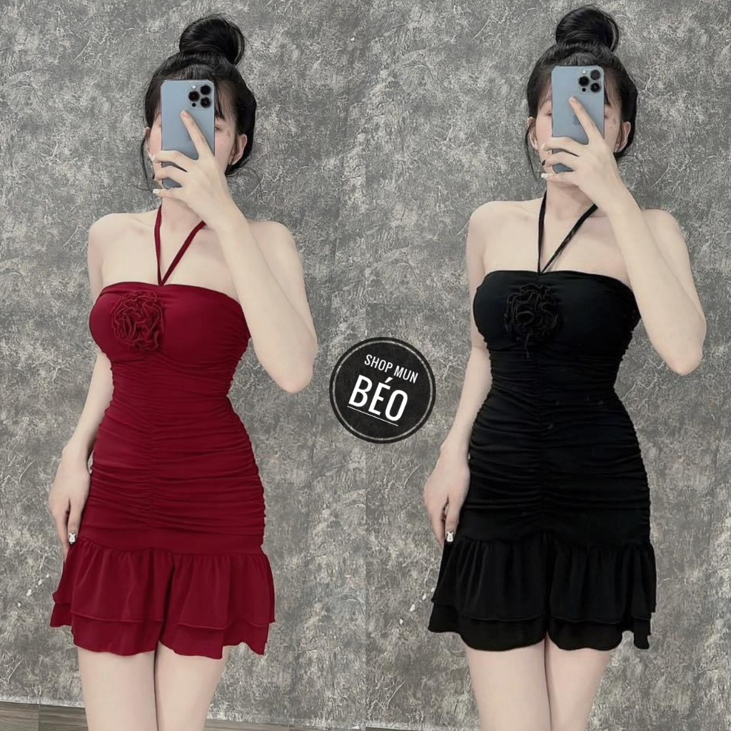 Đầm nhún đuôi cá dây buộc cổ kèm hoa có mút chất thun dẻo co giãn thích hợp mặc đi tiệc đi làm đi chơi